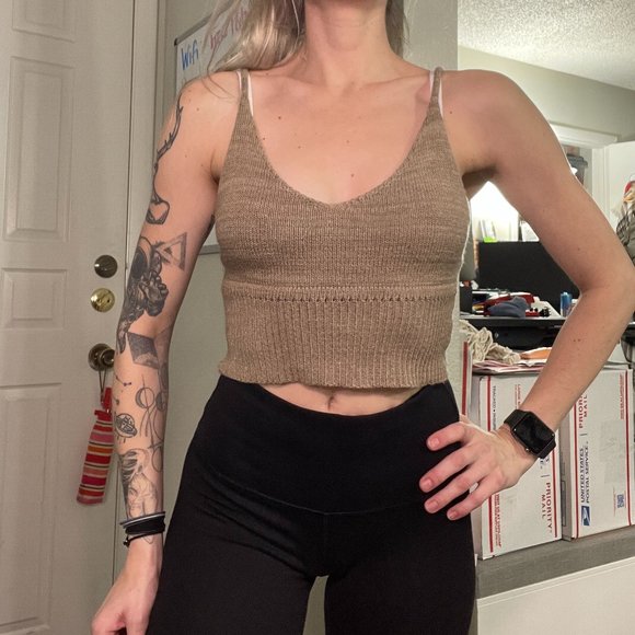 debut Tops - Debut Beige Cropped Knit V-Neck Sweater Tank Top